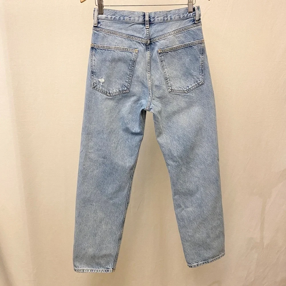 Zara Size 4 High Rise Mom Jeans Ripped Knees Frayed Waistband Distressed Tapered